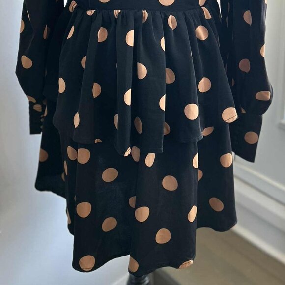 En Saison Black & Caramel Polka Dot Long-Sleeve Tiered Faux-Wrap Dress – US S - Picture 6 of 14